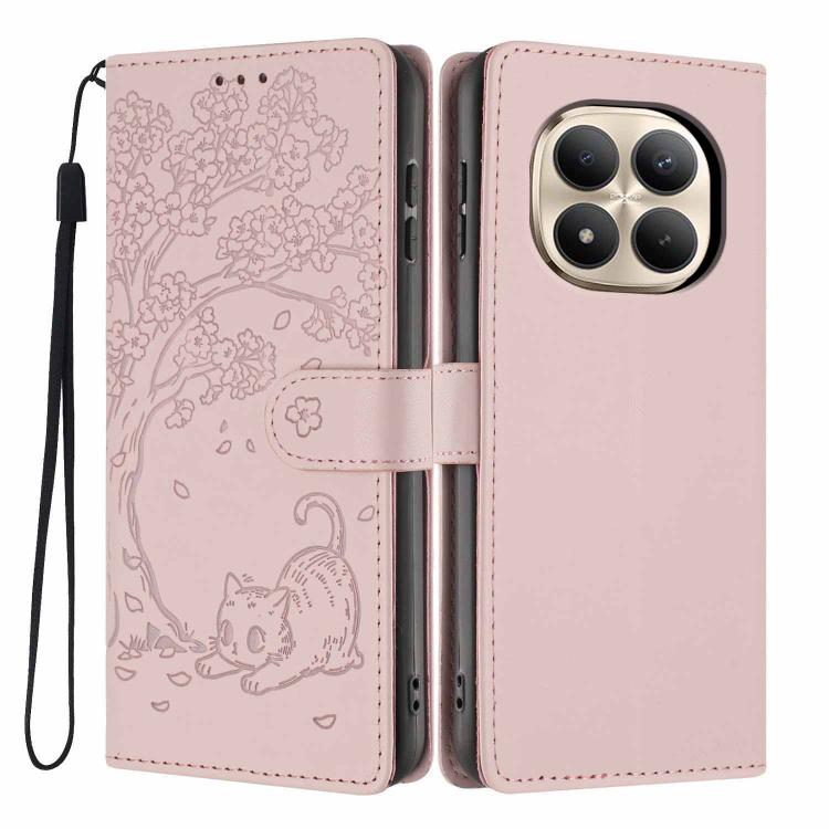Rose pink embossed flip phone case with tree-and-cat pattern, wrist strap, and camera cutout