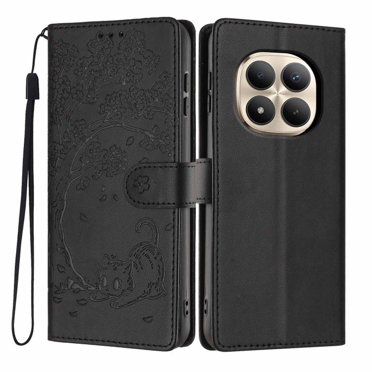 Black embossed flip vegan leather phone case with tree cat pattern and wrist strap