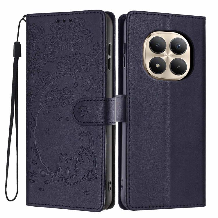 Dark blue embossed flip vegan leather phone case with tree cat pattern and wrist strap