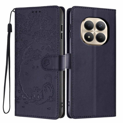 Dark blue embossed flip vegan leather phone case with tree cat pattern and wrist strap