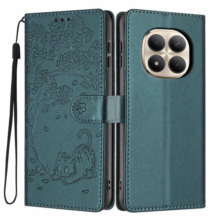 Deep green embossed flip vegan leather phone case with tree cat pattern and wrist strap