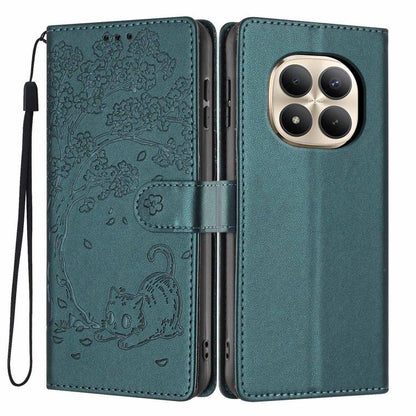 Deep green embossed flip vegan leather phone case with tree cat pattern and wrist strap