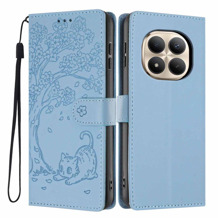 Light blue embossed flip vegan leather phone case with tree cat pattern and wrist strap