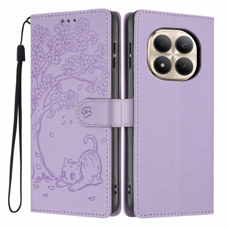 Purple embossed flip vegan leather phone case with tree cat pattern and wrist strap