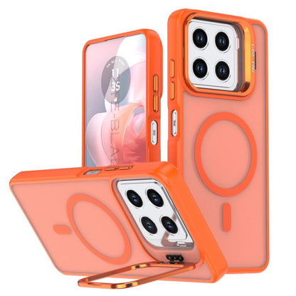 Orange frosted MagSafe phone case with camera bracket and kickstand, dual camera cutouts