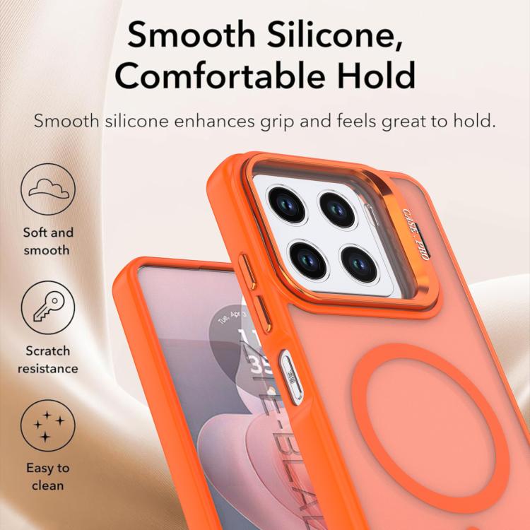 Orange frosted MagSafe phone case with smooth grip feel, camera bracket and kickstand