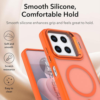 Orange frosted MagSafe phone case with smooth grip feel, camera bracket and kickstand