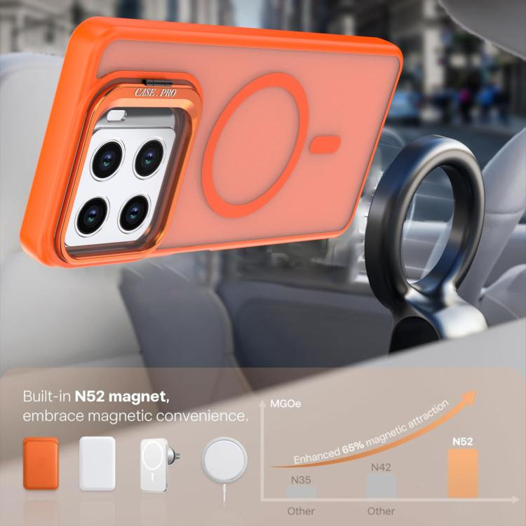 Orange frosted phone case with MagSafe ring, camera bracket and built-in kickstand support