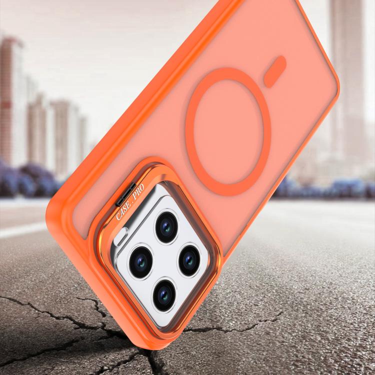 Orange frosted MagSafe case with camera bracket, oval grip ring, and raised dual camera