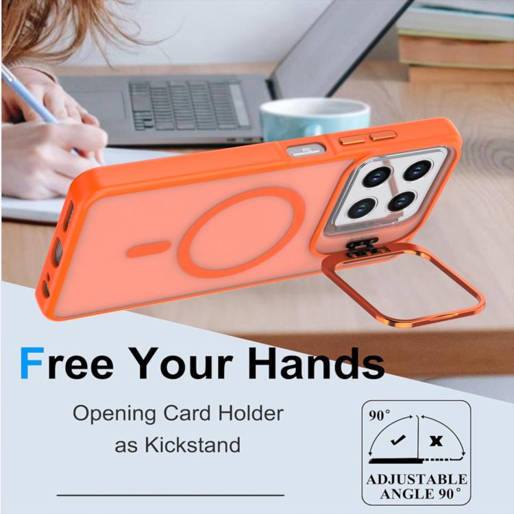 Orange frosted MagSafe phone case with opening card holder kickstand and dual camera cutouts