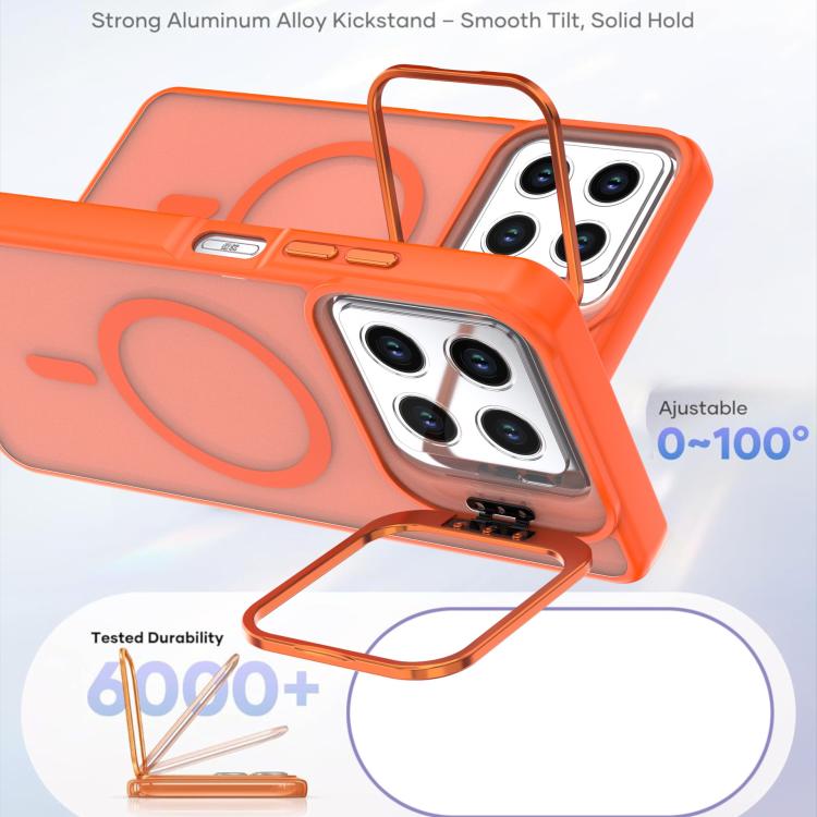 Orange frosted MagSafe phone case with aluminum-look kickstand stand and camera bracket