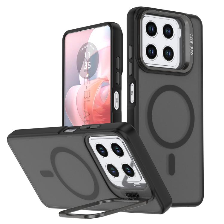 Black frosted MagSafe phone case with camera bracket, oval grip ring, and dual camera openings