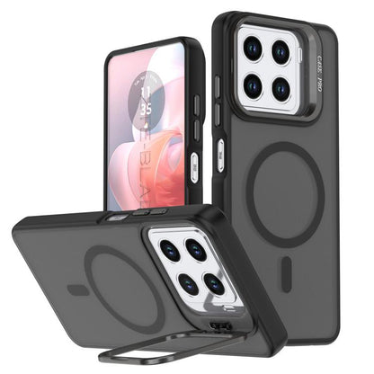 Black frosted MagSafe phone case with camera bracket, oval grip ring, and dual camera openings