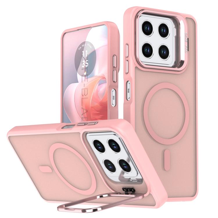 Pink frosted MagSafe phone case with camera bracket, oval grip ring, and dual camera cutouts