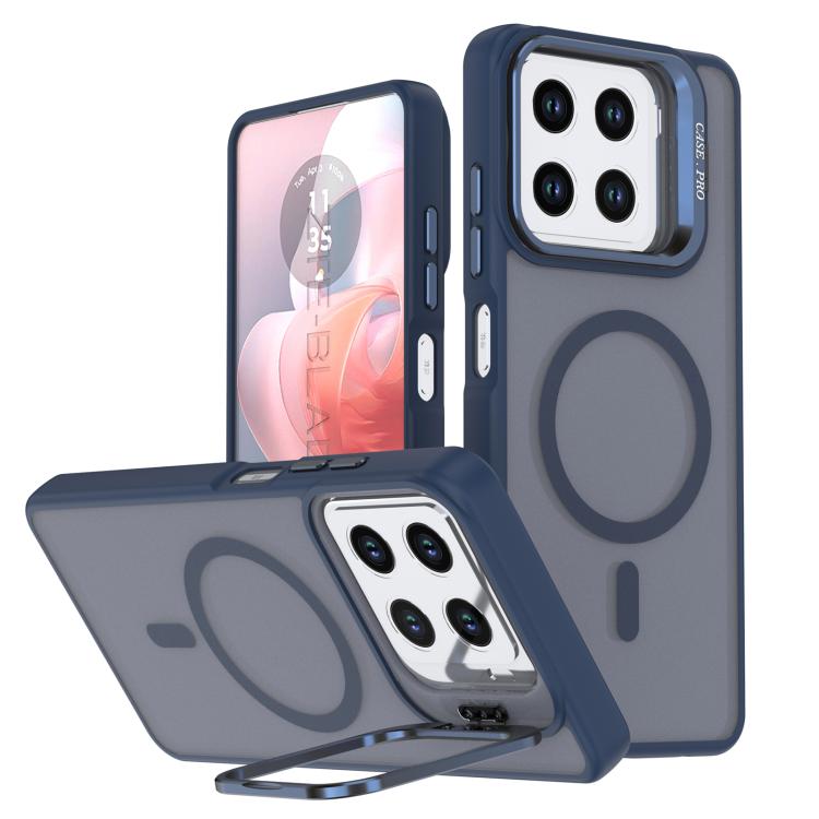 Navy frosted MagSafe phone case with camera bracket, oval grip ring, and dual camera openings