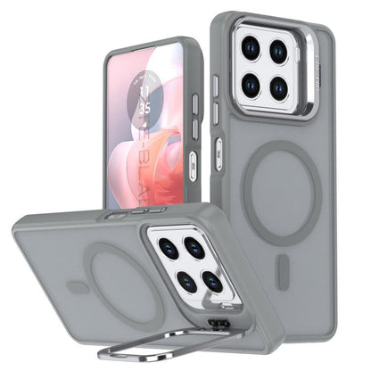 Grey frosted MagSafe phone case with camera bracket, oval grip ring, and dual camera cutouts