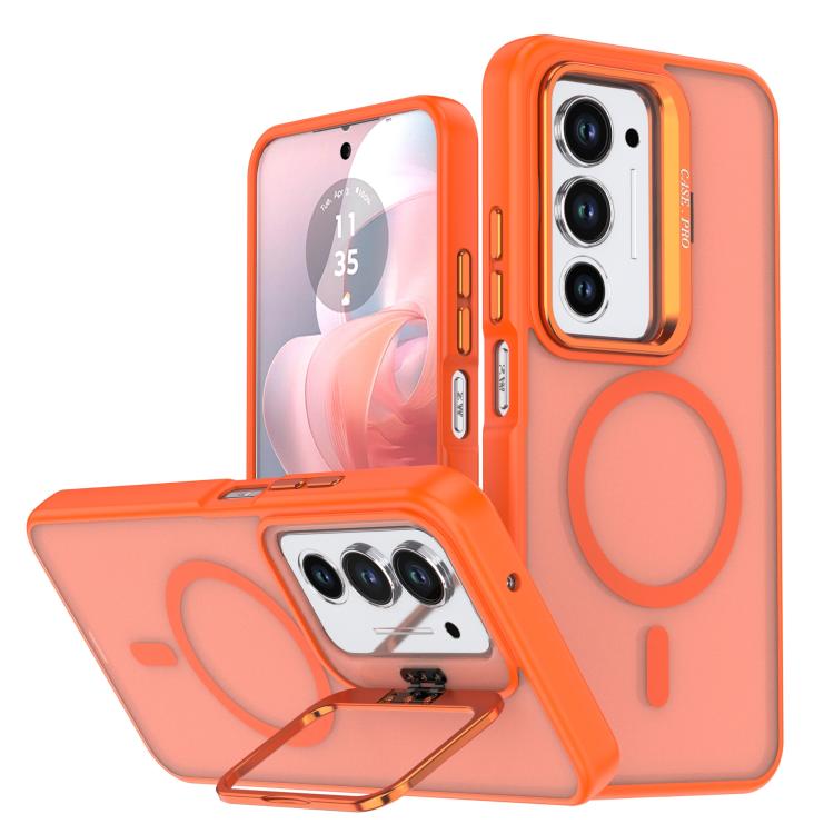 Orange phone case with frosted texture, camera bracket, and ring grip kickstand