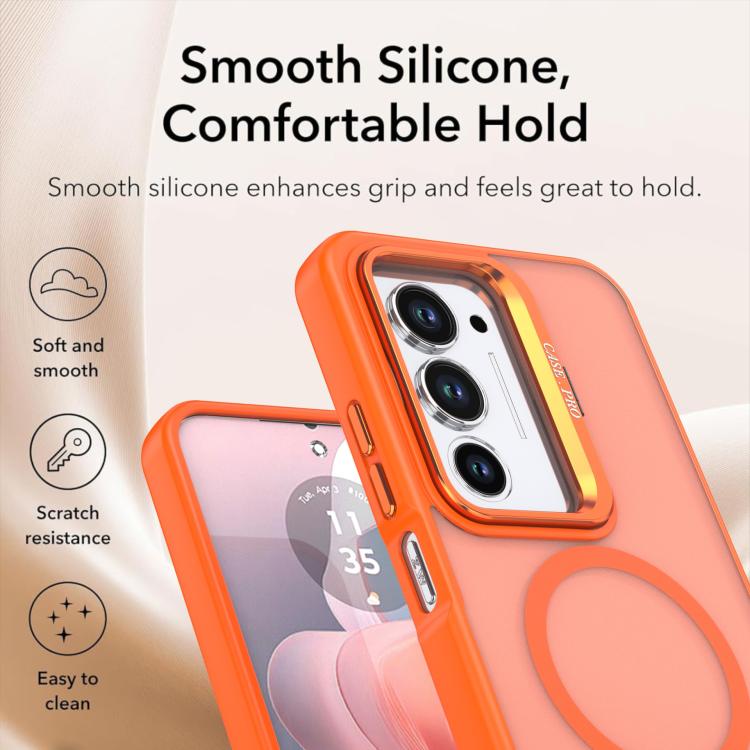 Orange MagSafe phone case with frosted finish, camera cover, and ring stand