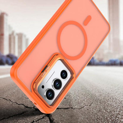 Orange phone case with frosted back, camera bracket, and ring grip for MagSafe