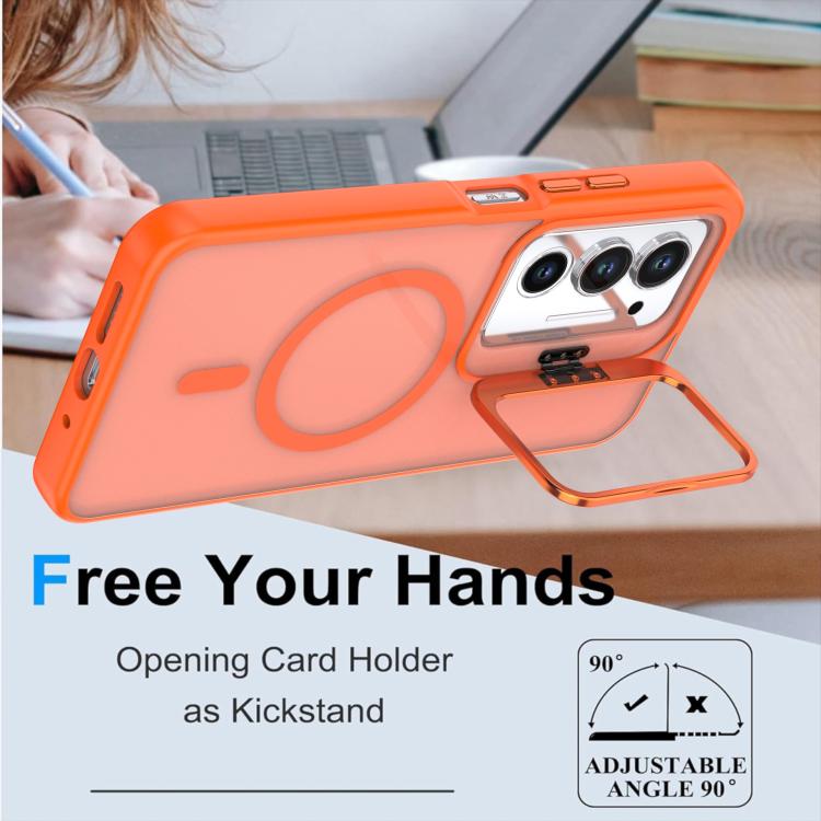 Orange phone case with camera bracket, ring grip, and opening card holder kickstand