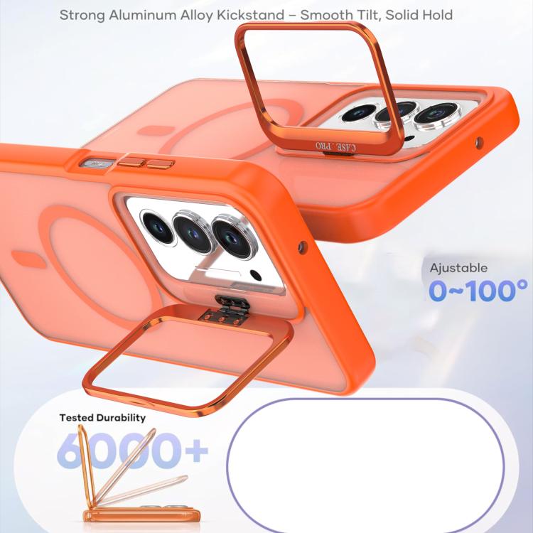 Orange MagSafe phone case with frosted back, camera bracket, and adjustable kickstand