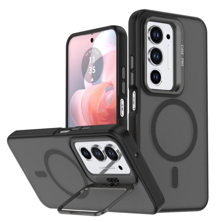 Black phone case with frosted texture, camera bracket, and ring grip kickstand