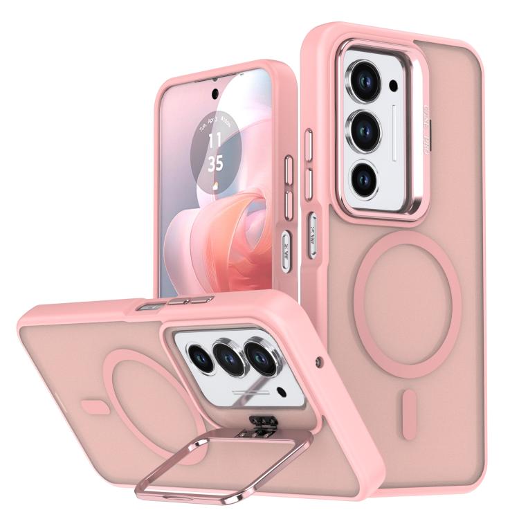 Pink phone case with frosted finish, camera bracket, and ring grip kickstand