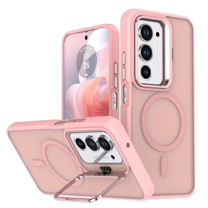 Pink phone case with frosted finish, camera bracket, and ring grip kickstand