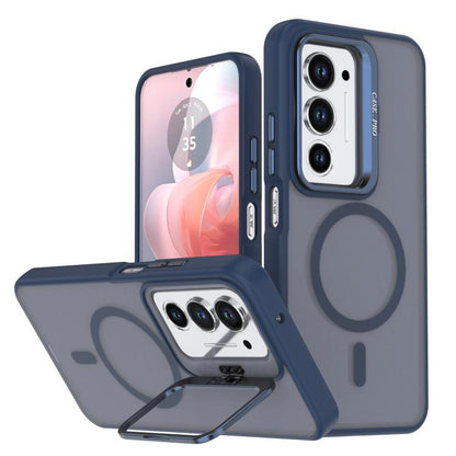 Blue phone case with frosted texture, camera bracket, and ring grip kickstand