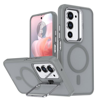 Grey phone case with frosted finish, camera bracket, and ring grip kickstand