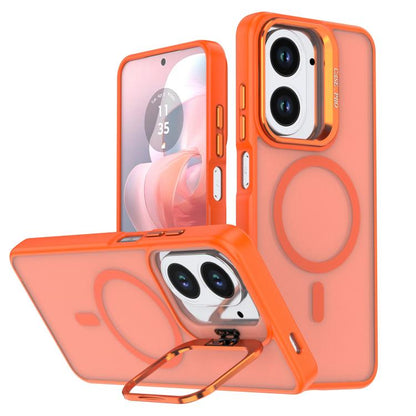Orange frosted MagSafe phone case with camera bracket and circular ring detail