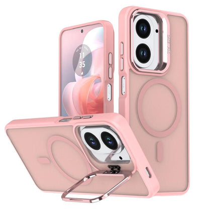 Pink frosted MagSafe phone case with camera bracket and circular ring detail