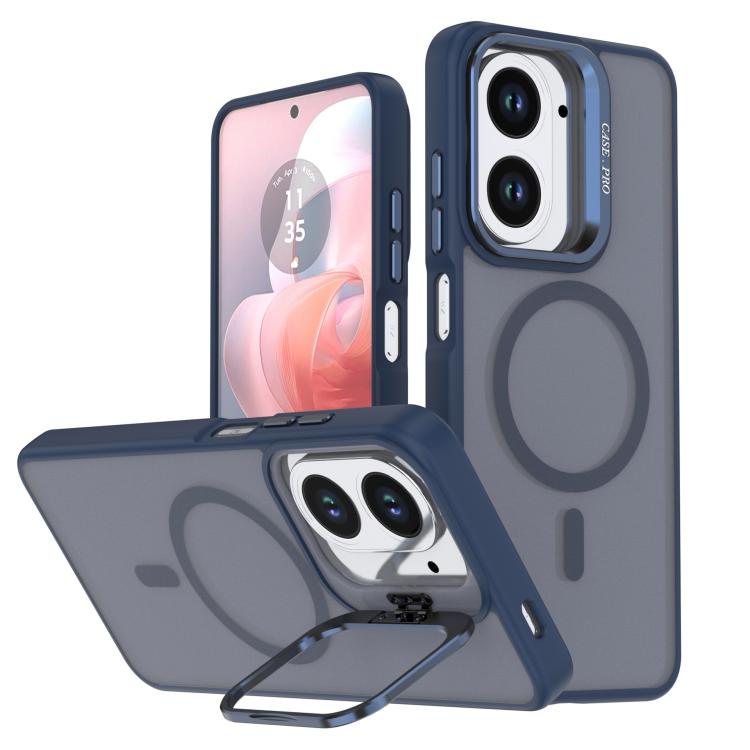 Blue frosted MagSafe phone case with camera bracket and circular ring detail