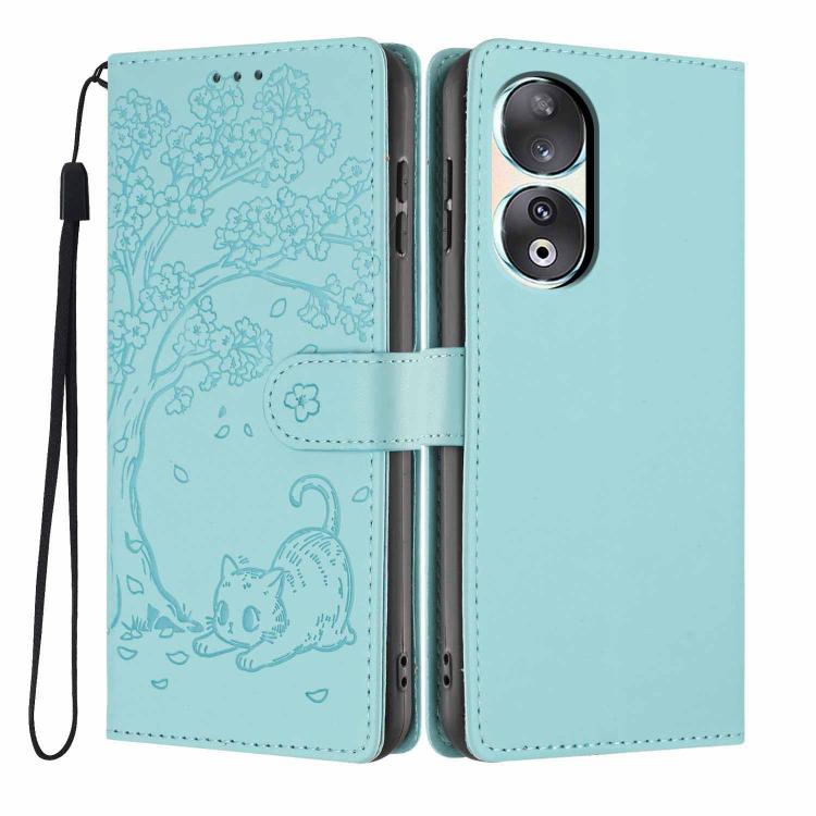 Tree Cat Embossed Flip Vegan Leather Phone Case, For Honor 90 Pro, For Honor 90