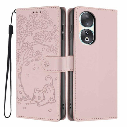 Tree Cat Embossed Flip Vegan Leather Phone Case, For Honor 90 Pro, For Honor 90