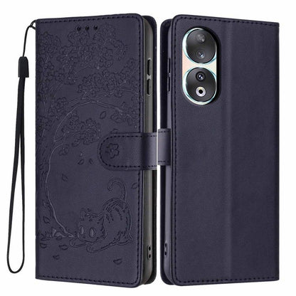 Tree Cat Embossed Flip Vegan Leather Phone Case, For Honor 90 Pro, For Honor 90