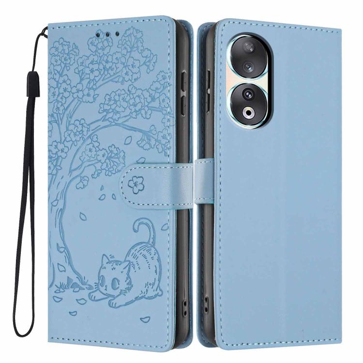 Tree Cat Embossed Flip Vegan Leather Phone Case, For Honor 90 Pro, For Honor 90