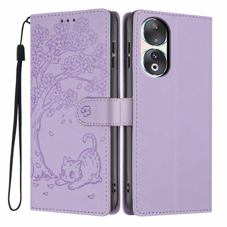Tree Cat Embossed Flip Vegan Leather Phone Case, For Honor 90 Pro, For Honor 90