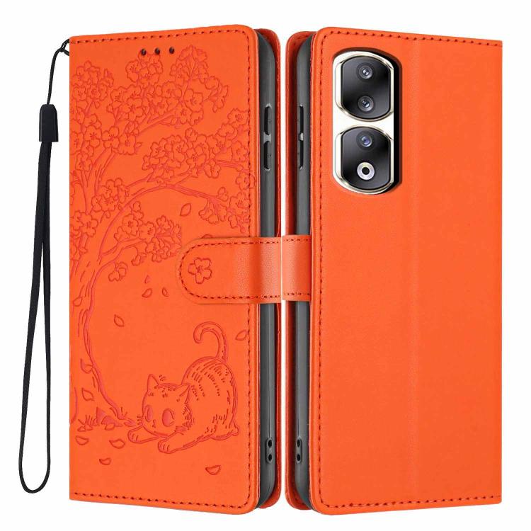 Tree Cat Embossed Flip Vegan Leather Phone Case, For Honor 90 Pro, For Honor 90