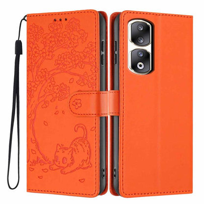 Tree Cat Embossed Flip Vegan Leather Phone Case, For Honor 90 Pro, For Honor 90