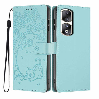 Tree Cat Embossed Flip Vegan Leather Phone Case, For Honor 90 Pro, For Honor 90