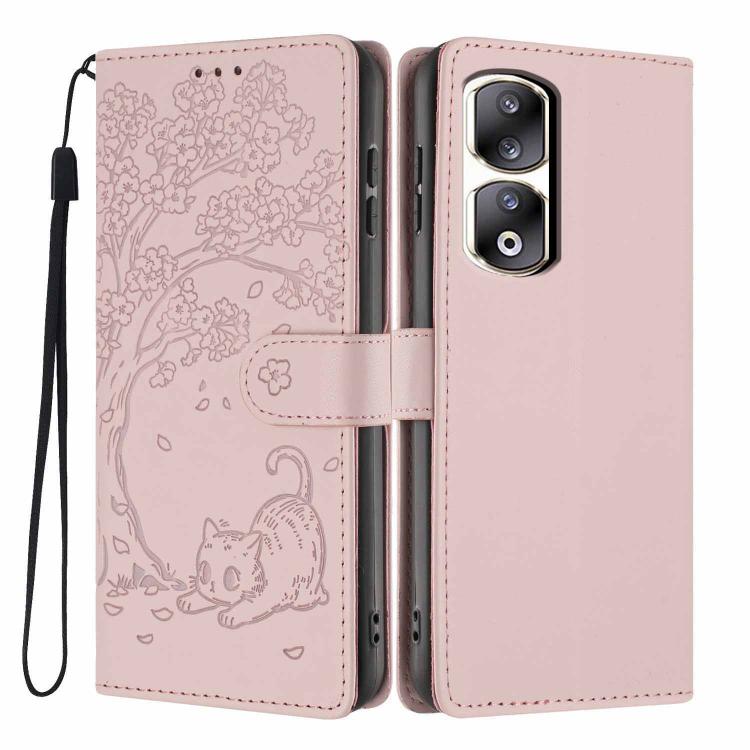 Tree Cat Embossed Flip Vegan Leather Phone Case, For Honor 90 Pro, For Honor 90