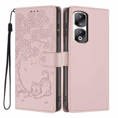 Tree Cat Embossed Flip Vegan Leather Phone Case, For Honor 90 Pro, For Honor 90