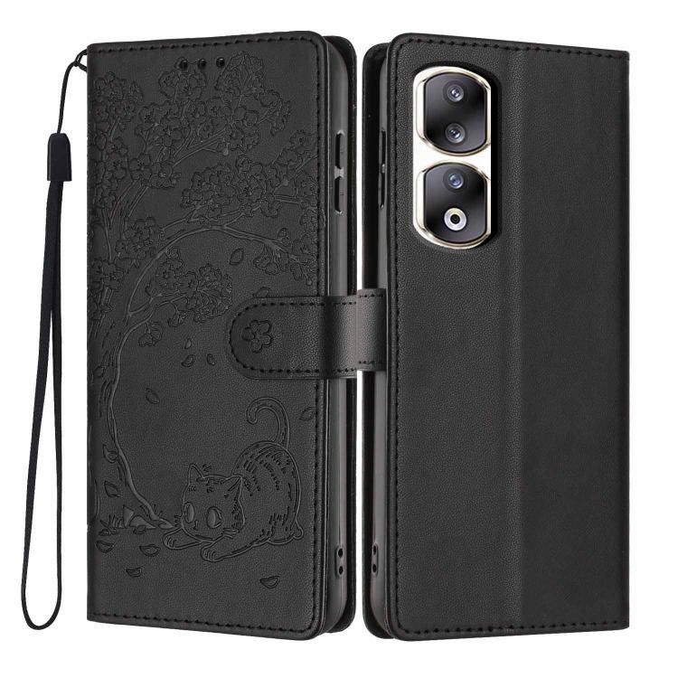 Tree Cat Embossed Flip Vegan Leather Phone Case, For Honor 90 Pro, For Honor 90