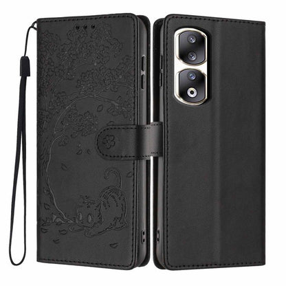 Tree Cat Embossed Flip Vegan Leather Phone Case, For Honor 90 Pro, For Honor 90