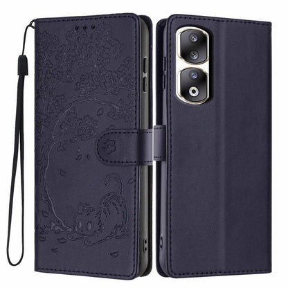 Tree Cat Embossed Flip Vegan Leather Phone Case, For Honor 90 Pro, For Honor 90