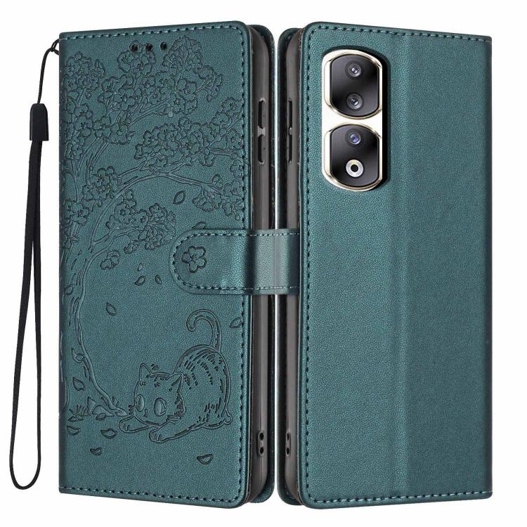 Tree Cat Embossed Flip Vegan Leather Phone Case, For Honor 90 Pro, For Honor 90