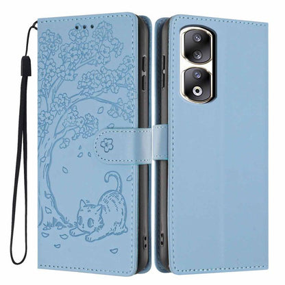 Tree Cat Embossed Flip Vegan Leather Phone Case, For Honor 90 Pro, For Honor 90