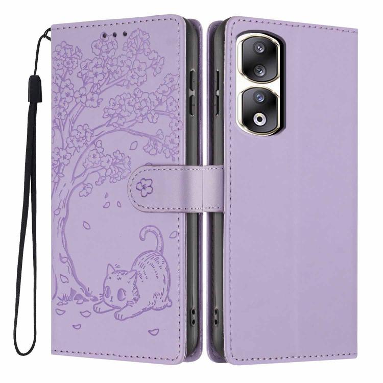 Tree Cat Embossed Flip Vegan Leather Phone Case, For Honor 90 Pro, For Honor 90