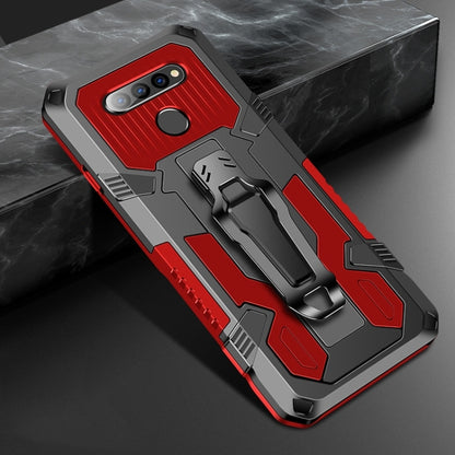 Red rugged phone protective case with gray shockproof armor and raised camera cover